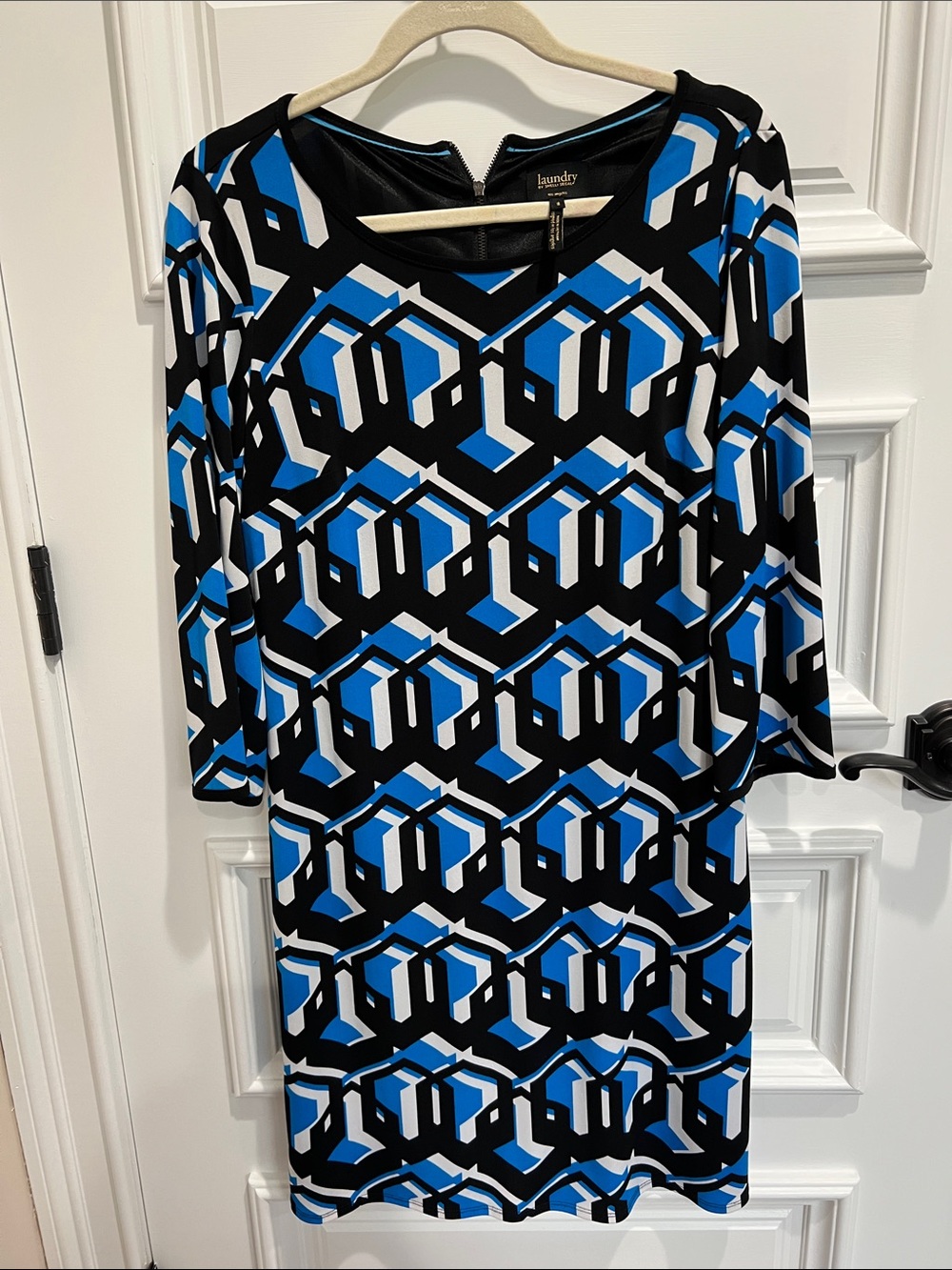 Laundry By Shelli Segal Black, Blue & White Geometric 3/4 Sleeve Dress